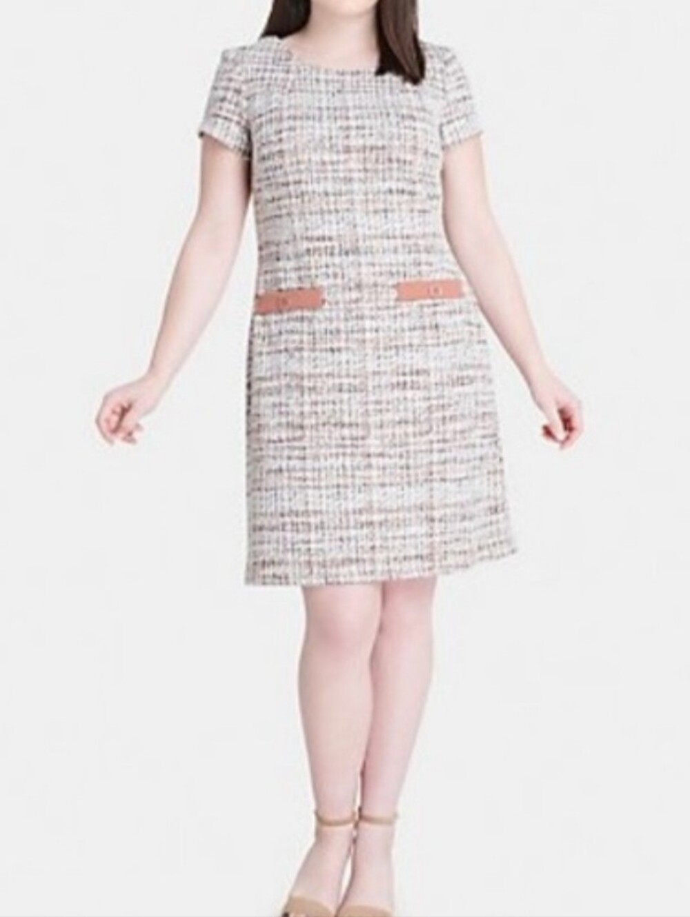Connected Apparel Tweed Short Sleeve Shift Dress in Neutral Multicolor